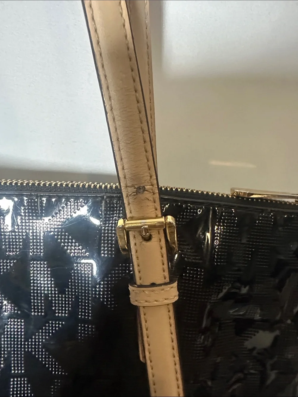 Michael Kors Black Patent Logo Tote with Beige Handles
